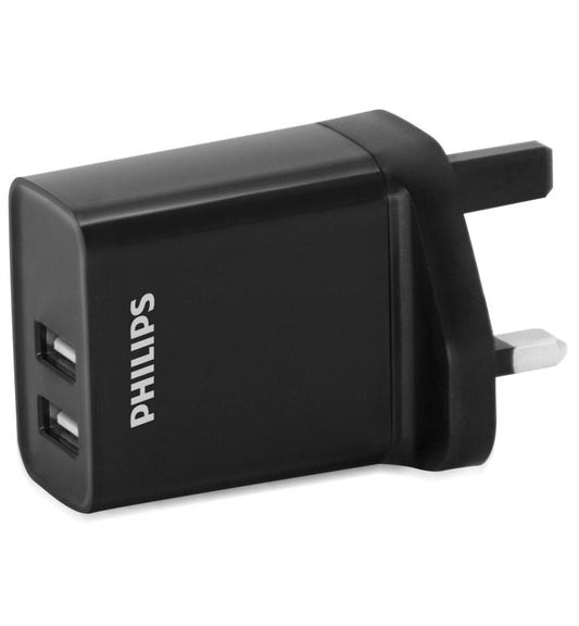 Philips Dual USB Wall Charger DLP2610/05 | 2-Port 17 W USB, SA Plug Converter Included, black dual-port Philips charger with SA plug