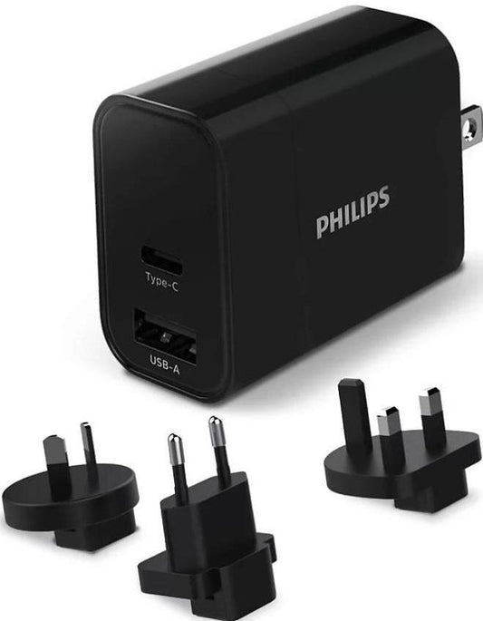 Charge on the go with the Philips USB Travel Charger with Dual USB Ports – Compact, Fast and versatile for universal use.
