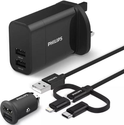 Philips 3-in-1 Universal Charging Cable – USB to Type-C, Micro USB, and Lightning for versatile device charging.