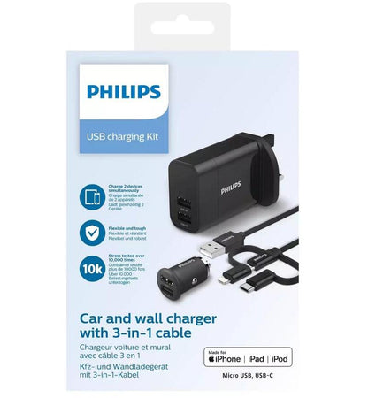 Philips 3-in-1 Universal Charging Cable – USB to Type-C, Micro USB for versatile device charging solutions.
