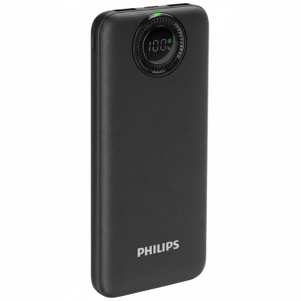 Black Philips power bank with digital display on a white background