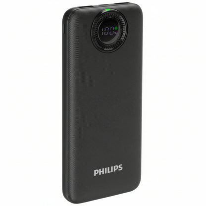 Black Philips power bank with digital display on a white background