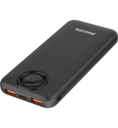 Black power bank with 'Philips' branding on a white background