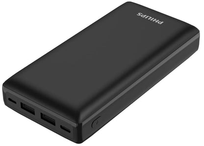 Philips2 20000mAh Portable Power Bank with Dual USB Ports in black, perfect for charging devices on the go.