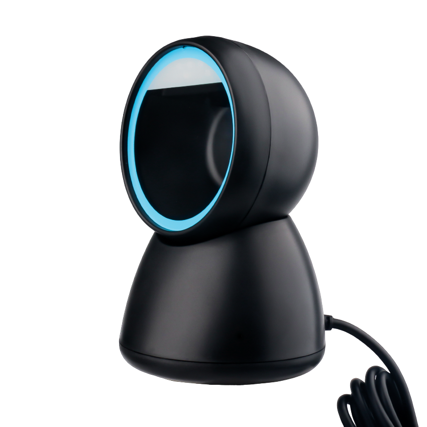 Angled right side view of the DP8283S Black desktop mounted 2D Barcode Scanner on a white background