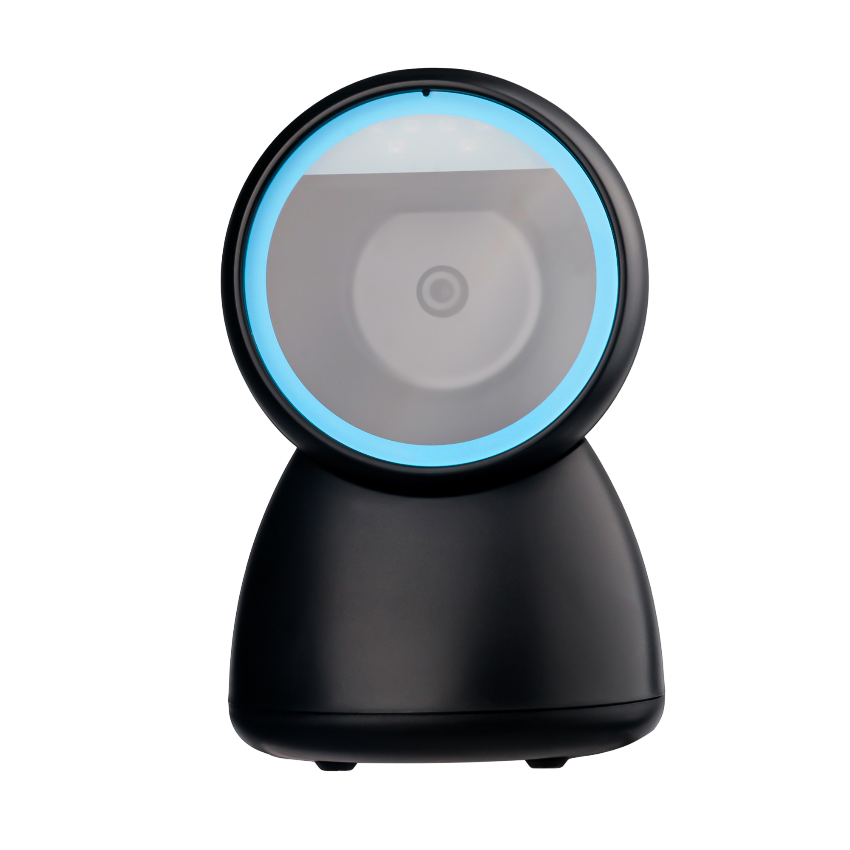Black desktop 2D Scanner with blue light on a white background