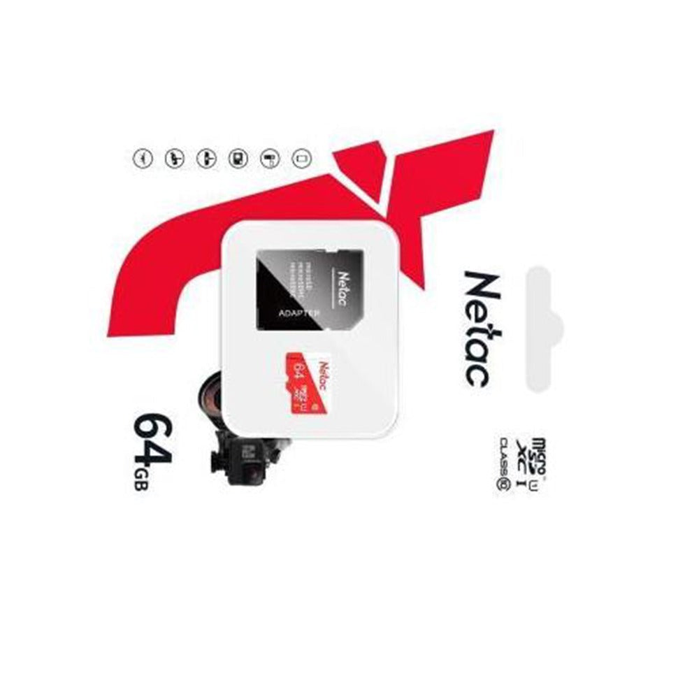 Netac 64GB microSD Card Class 10 with SD Adapter – High-Speed Memory for Phones, Cameras, and More retail packaging