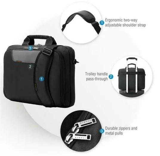 Everki Advance 16" Eco-Friendly Laptop Briefcase features durable zippers, adjustable strap, and trolley pass-through for business travel.