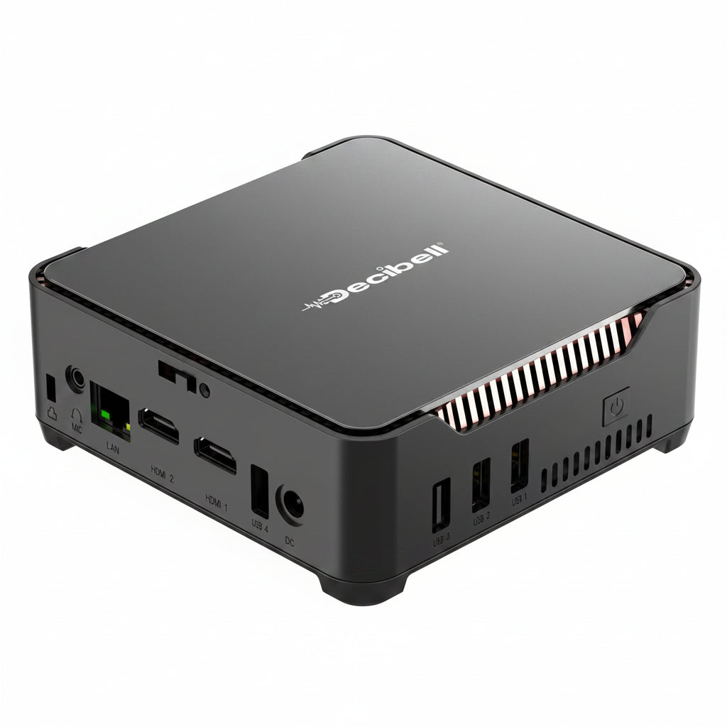 A Decibell mini PC computer in matte black, showing its top surface with the brand logo and its side panel with various ports including Ethernet, USB, HDMI, and DisplayPort.