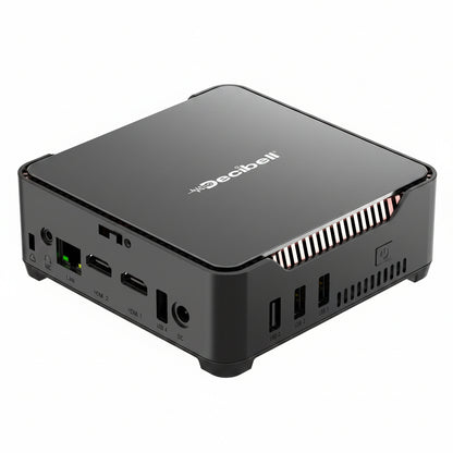 A Decibell mini PC computer in matte black, showing its top surface with the brand logo and its side panel with various ports including Ethernet, USB, HDMI, and DisplayPort.