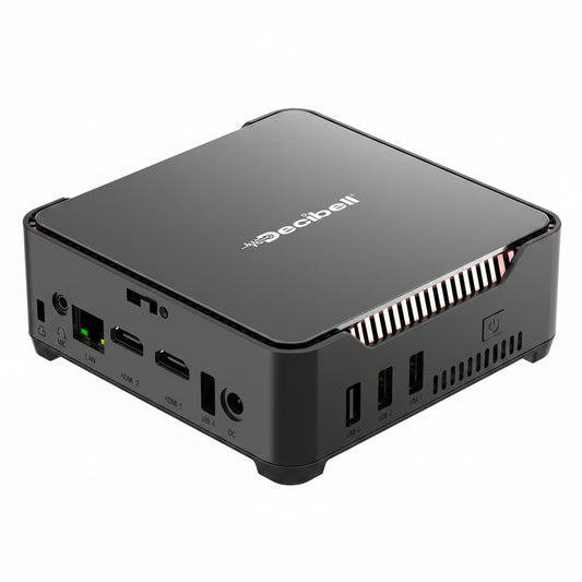 A Decibell mini PC computer in matte black, showing its top surface with the brand logo and its side panel with various ports including Ethernet, USB, HDMI, and DisplayPort.