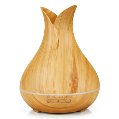 400ml Tulip Aroma Diffuser with LED Light in wood grain finish for stylish aromatherapy by GL Natural Light