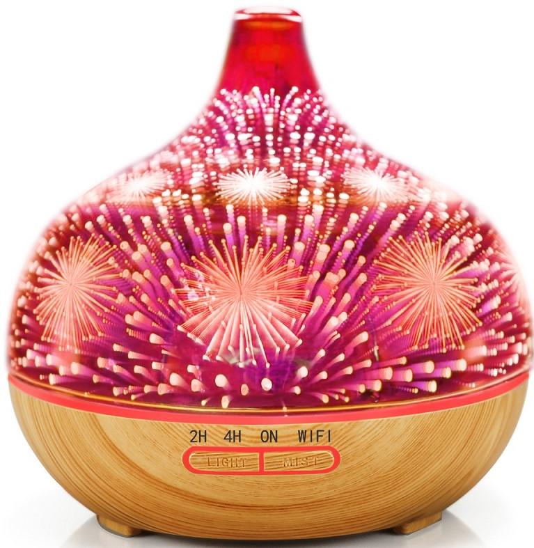 400ml Glass Aroma Diffuser with Firework Design featuring 3D light effect and woodgrain base for mood-lifting fragrance.