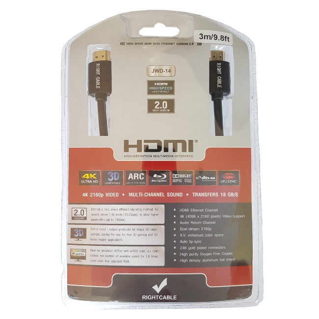 High-speed MicroWorld HDMI 3M V2 Cable – 4K Ultra HD, HDR, Gold-Plated Male to Male for superior entertainment.