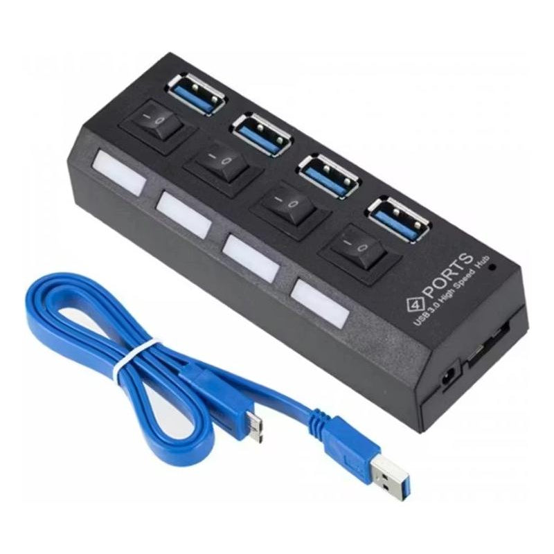 Black 4 port USB hub with on/off switches with blue usb cable