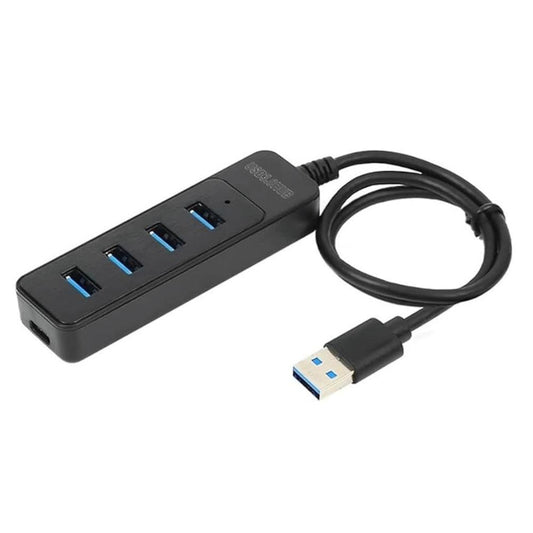 Black USB hub with four ports and a cable on a white background