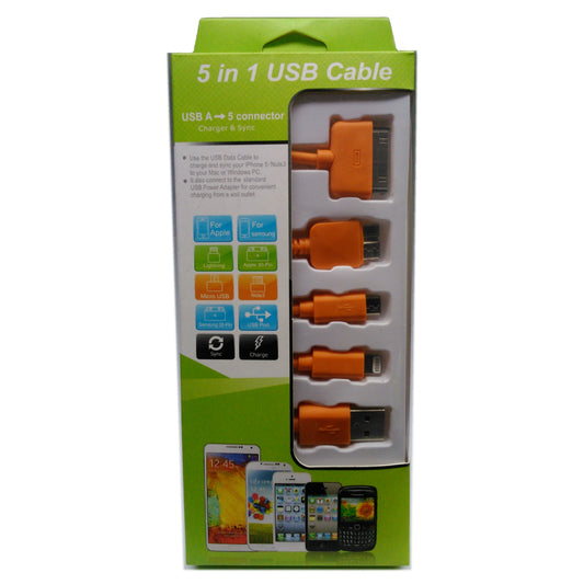 Microworld 5-In-1 Charge & Data Cable - Orange for iPad, iPhone, iPod