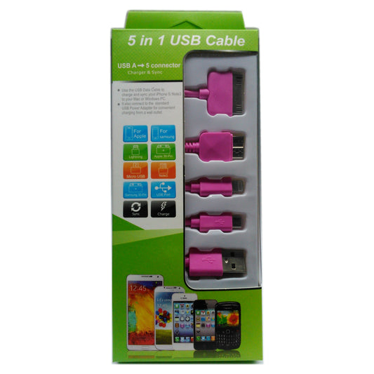 Microworld 5-In-1 Charge & Data Cable - Pink for iPad iPhone iPod