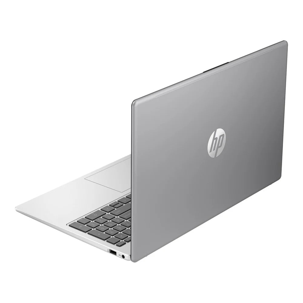 Silver HP laptop on a white background