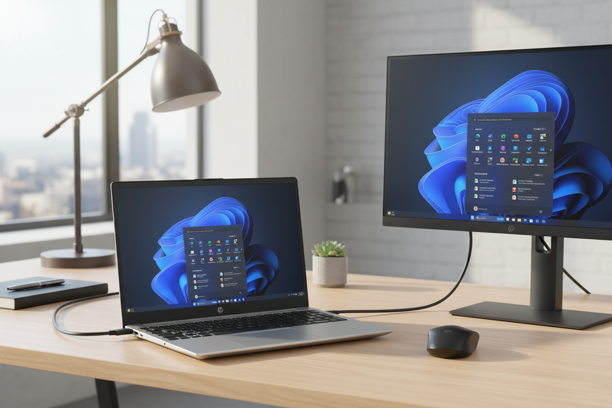 Laptop and monitor setup on a desk with a cityscape view