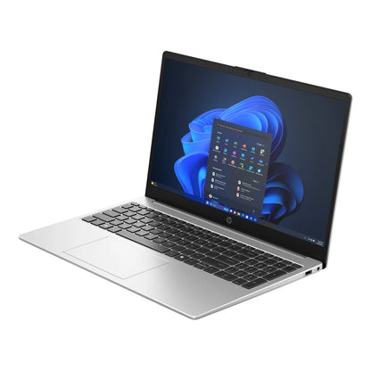 Open laptop with a blue abstract design on the screen on a white background
