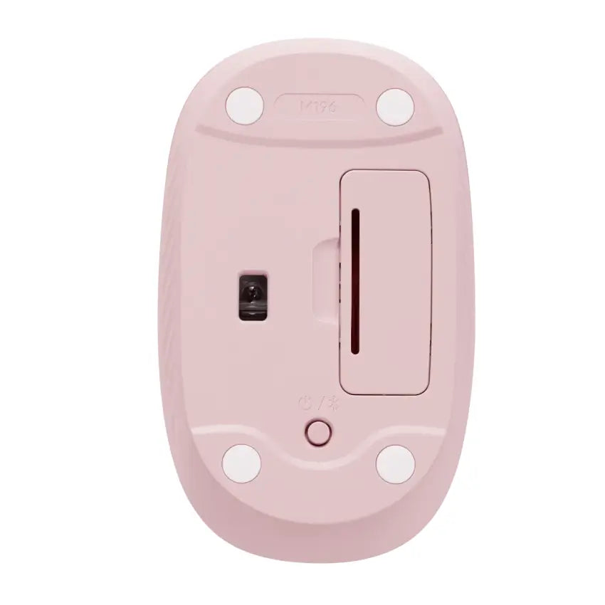 Bottom view of a Pink computer mouse on a white background