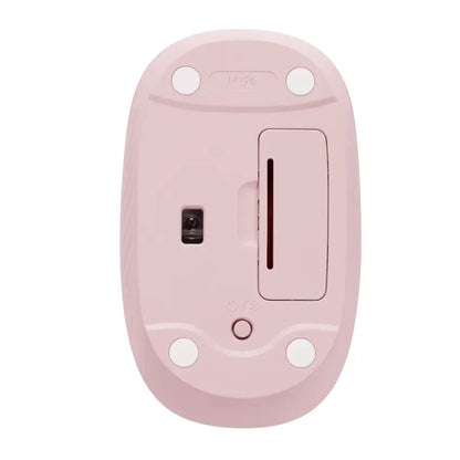 Bottom view of a Pink computer mouse on a white background