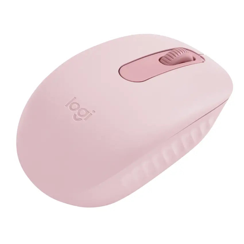 Pink computer mouse with Logitech logo on a white background