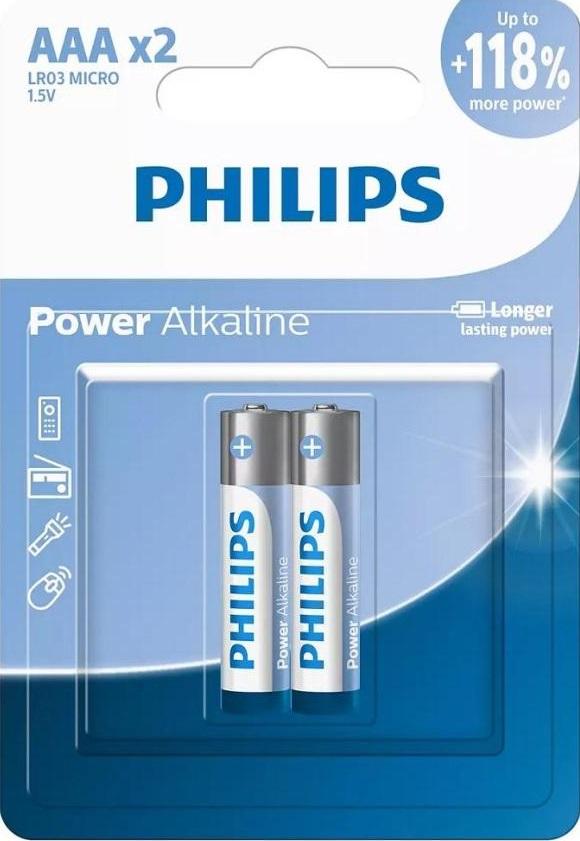 Philips Power Alkaline AAA Batteries – Long-Lasting High-Performance Power – 2 Pack for Daily Use retail blister pack