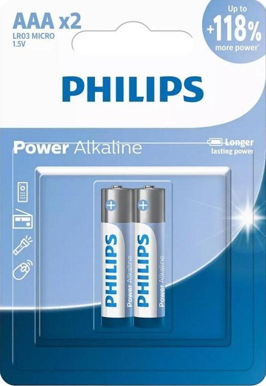 Philips Power Alkaline AAA Batteries – Long-Lasting High-Performance Power – 2 Pack for Daily Use retail blister pack