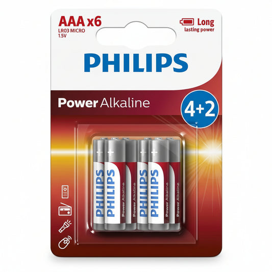Philips Power Alkaline AAA batteries LR03P6B/40 6 pack front view