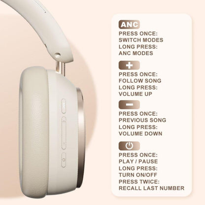 White headphones with control buttons and a label showing function descriptions on a beige background