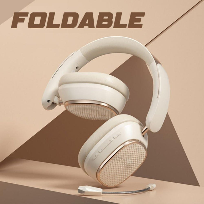 Foldable headphones on a beige background with 'FOLDABLE' text.
