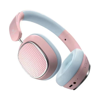 Pink and light blue headphones on a white background
