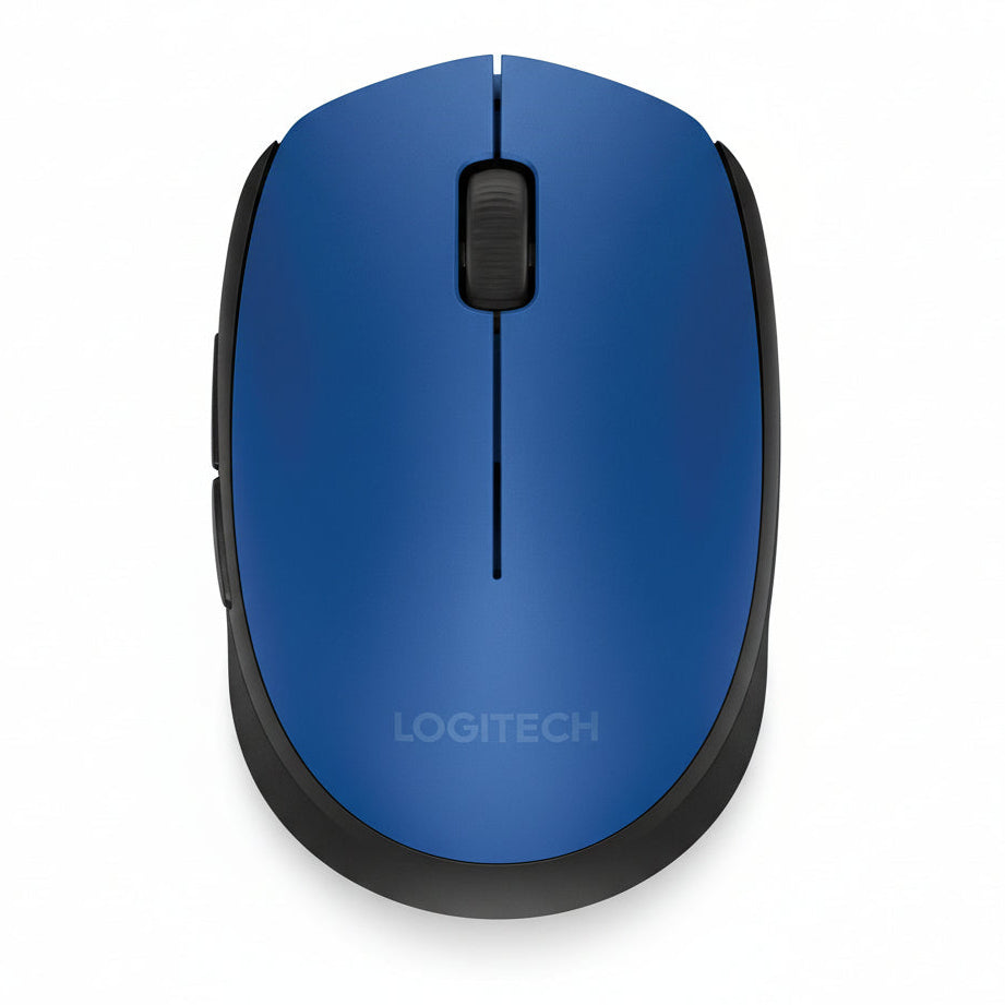 Blue computer mouse with a visible brand logo on a white background