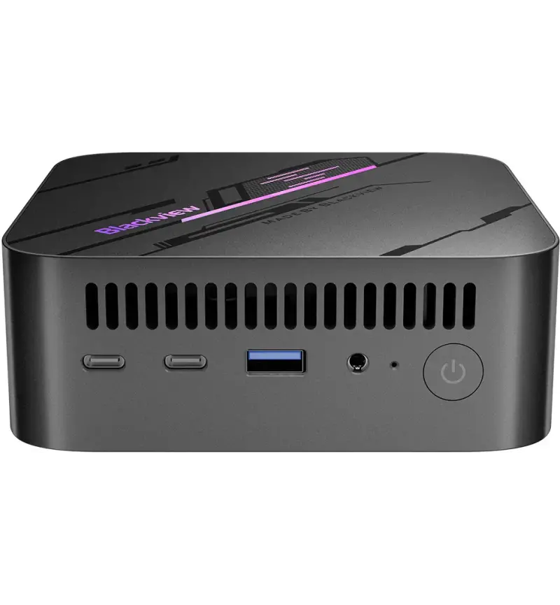 Side angle of Blackview MP100 Mini PC highlighting compact 75.5mm chassis