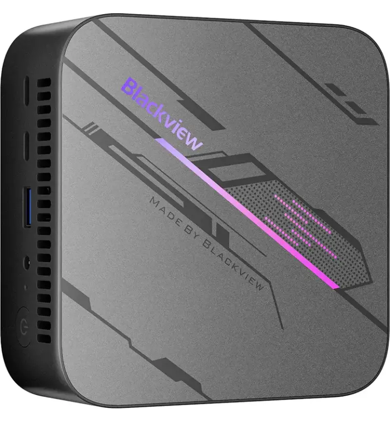 Front view of Blackview MP100 Mini PC showing ports and power button