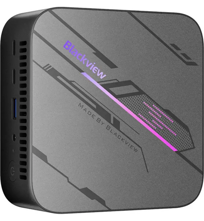 Front view of Blackview MP100 Mini PC showing ports and power button