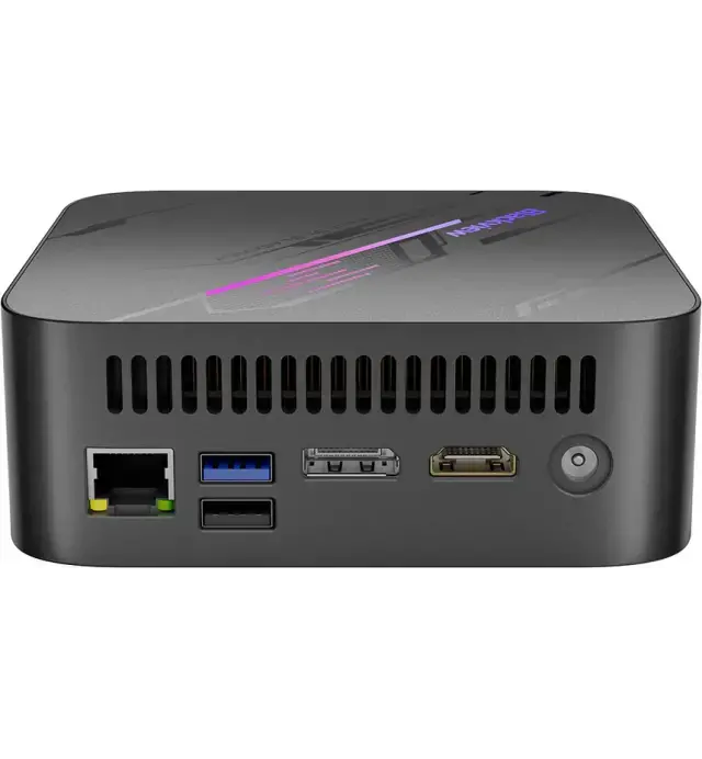 Small computer device with ports on a white background