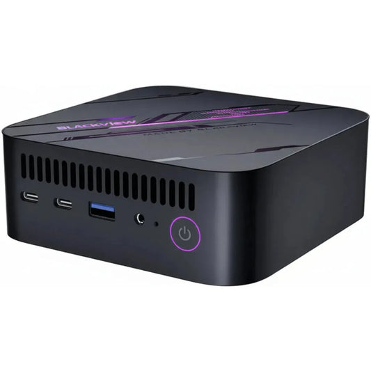 Black mini PC with ports on a white background