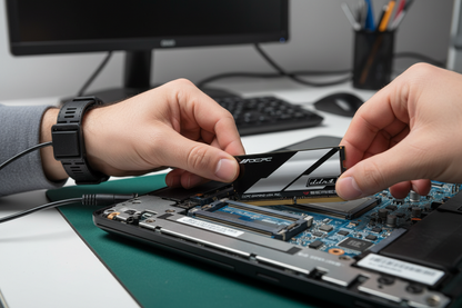 Person installing a RAM stick into a laptop motherboard on a desk with a computer monitor and keyboard in the background.