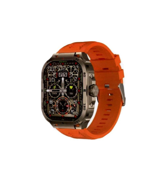 MicroWorld 104 Ultra Smartwatch – 1.8” AMOLED, Blood Pressure with stylish orange band, perfect for health enthusiasts.