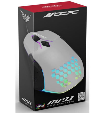 OCPC MR11 Wired Gaming Mouse – Creamy Grey with RGB Breathing Light, 7200 DPI, 7D Ergonomic Design for gamers.