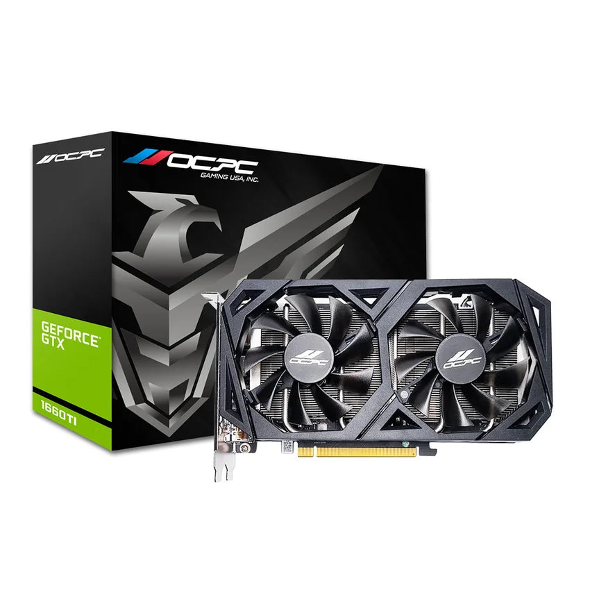 OCPC GeForce GTX graphics card with packaging on a white background