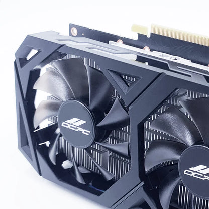 Close-up of a graphics card with cooling fans on a white background