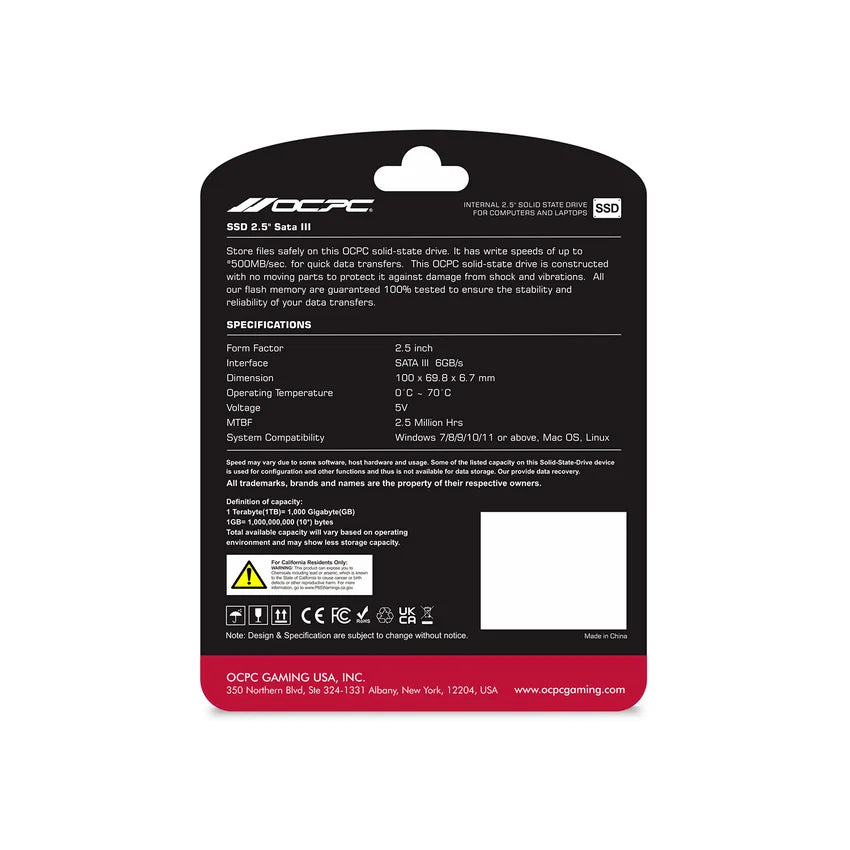 OCPC SSD packaging with specifications on a white background