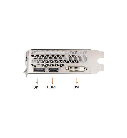 OCPC GTX 1650 4 GB GDDR6 XE White GPU with dual fans and DP/HDMI/DVI outputs for 1080p gaming performance.