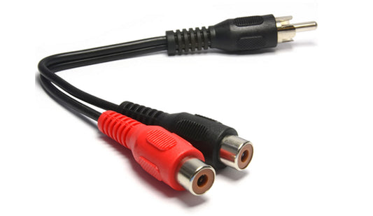 MicroWorld Male RCA to 2x Female RCA Splitter – Dual Audio/Video Connection Adapter for seamless signal duplication.