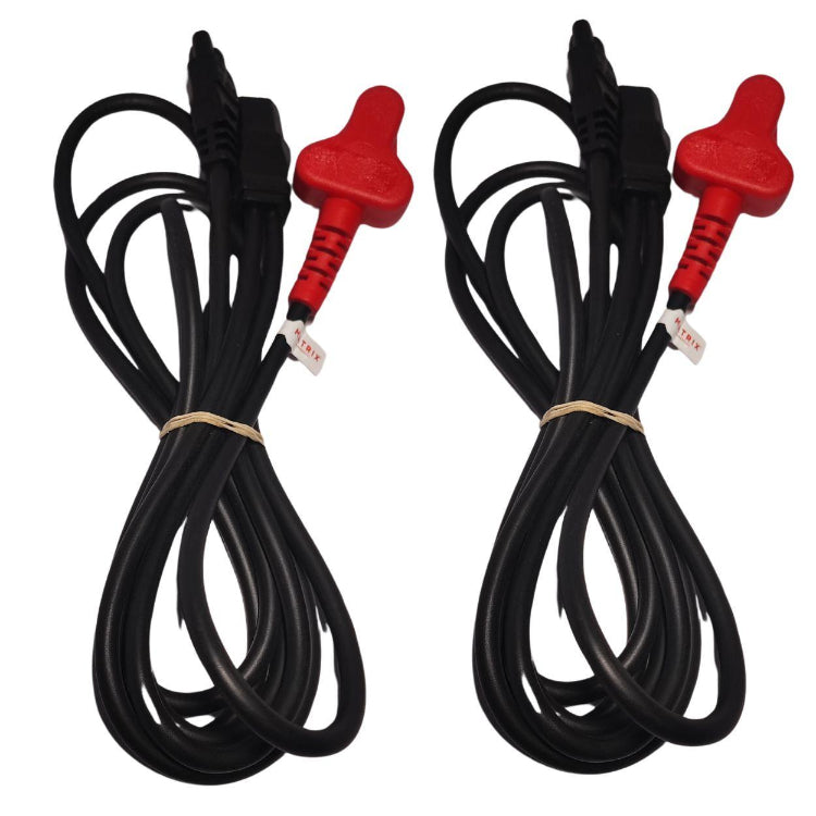 Two sets of black cables with red connectors on a white background