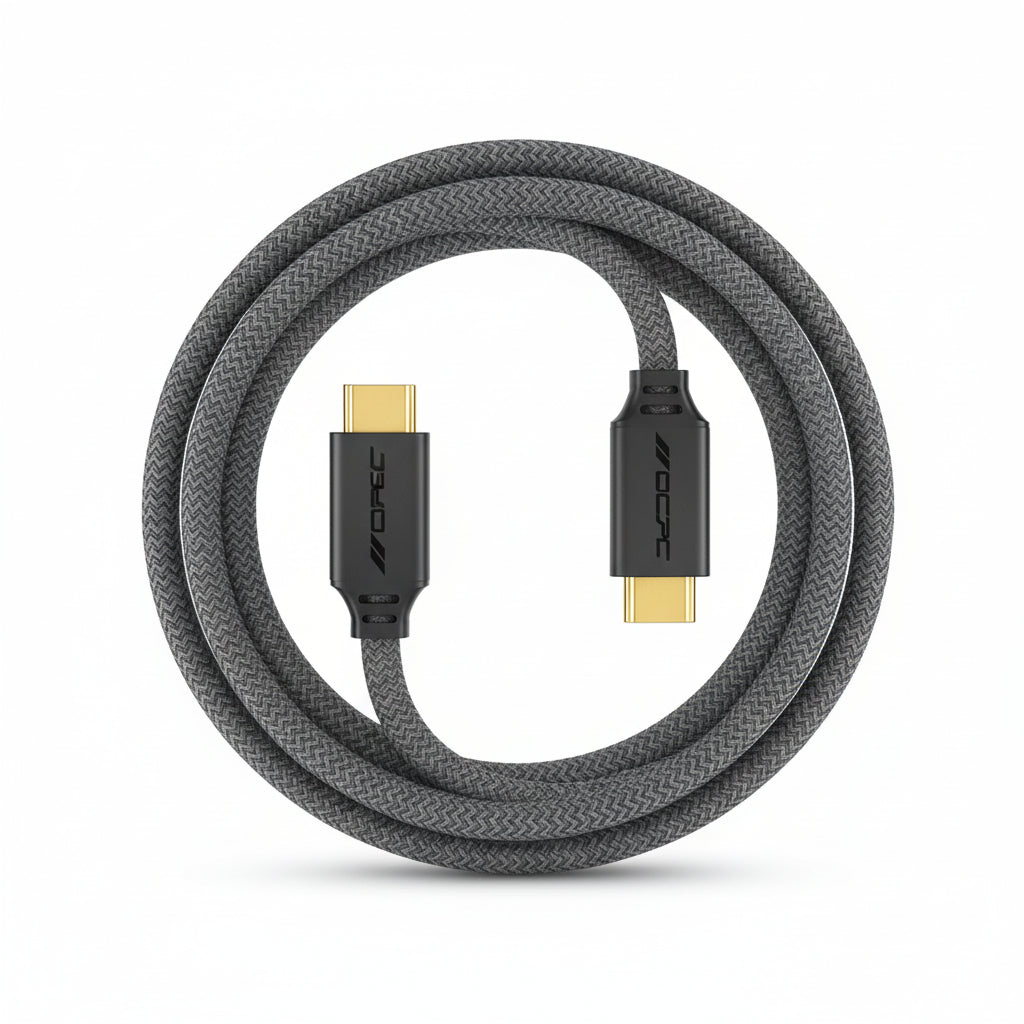 OCPC cable with gold connectors on a white background